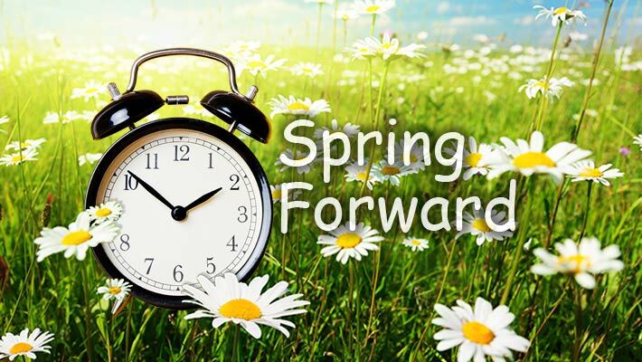 Spring Forward. An alarm clock sits in a field of daisies.