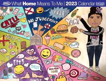 What Home Means to Me 2023 Calendar shows a girl pointing to all the things that mean home to her. 